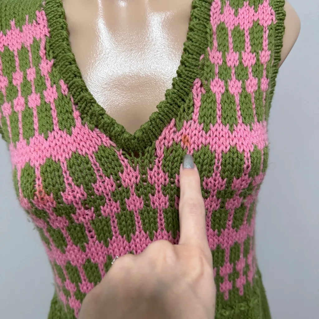 Handmade V Neck Mod Yard Knit Crochet Dress Maxi OOAK Green Stripe Pink Yellow Size undefined - Image 2