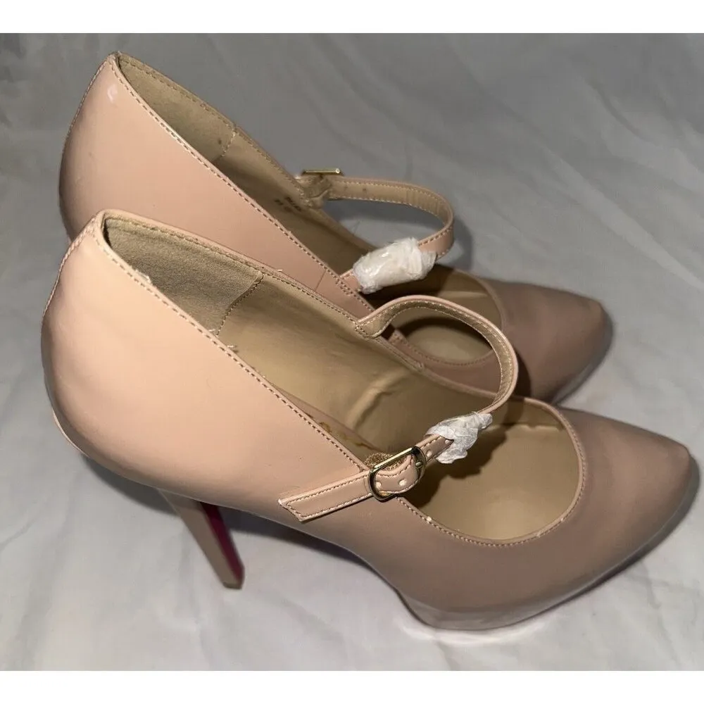 Nude High Heel Platform Shoes Womens Size 9.5 Wedding Prom Faux Patent Leather Tan - Image 3