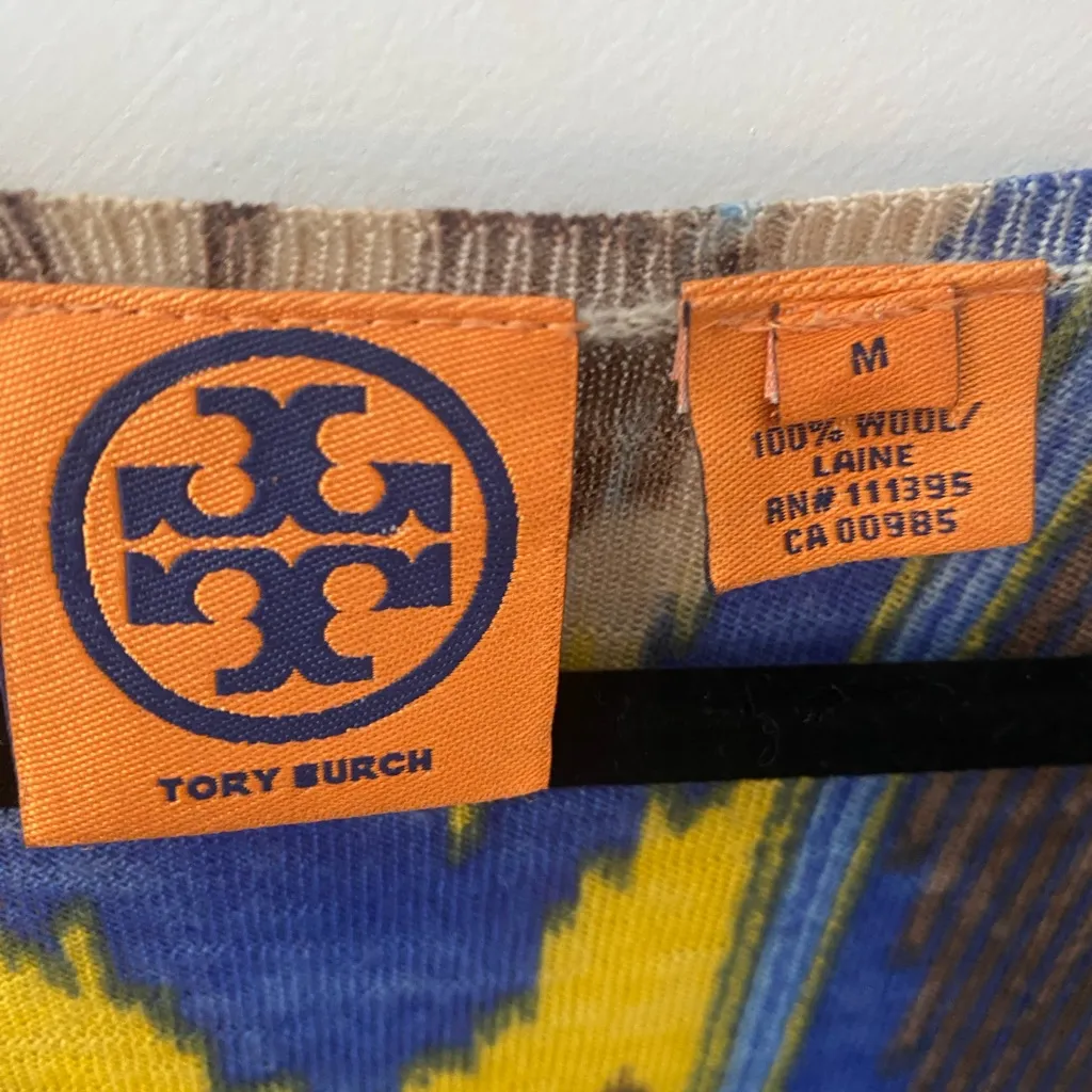 Tory Burch 100% Wool Knit Cardigan Sweater M Button Up Abstract Tribal Print - Image 4