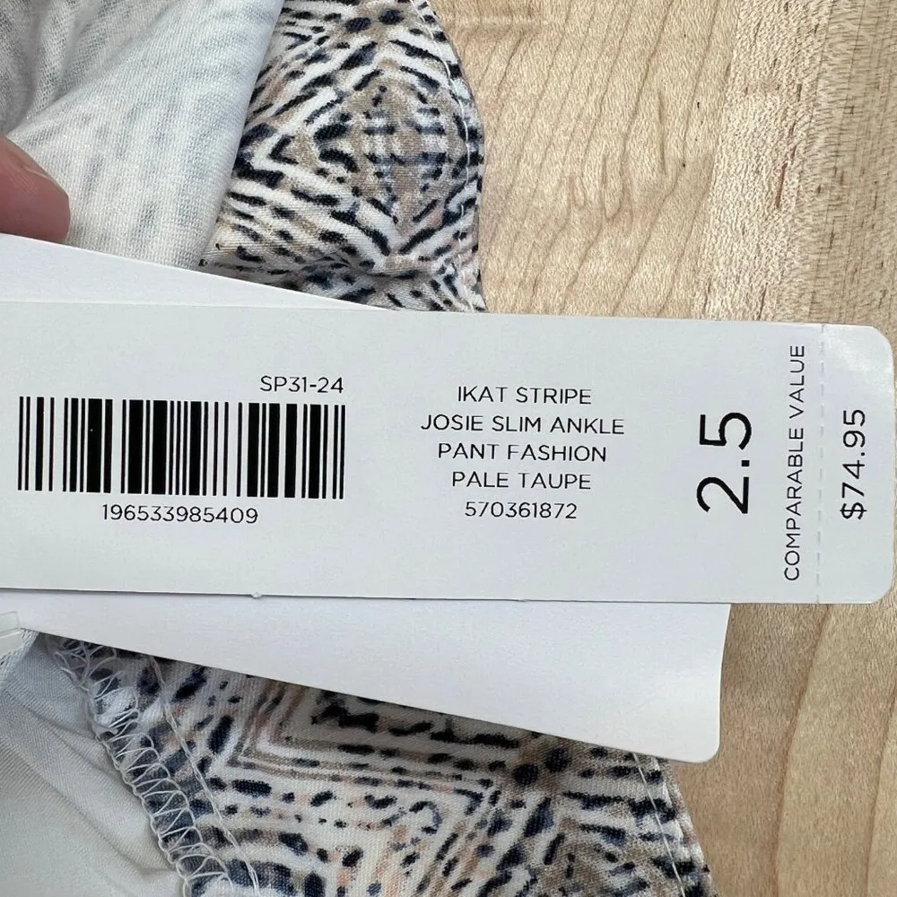 Chicos Josie So Slimming Slim Ankle Pant Ikat Stripe White Blue Size Large NWT - Image 10