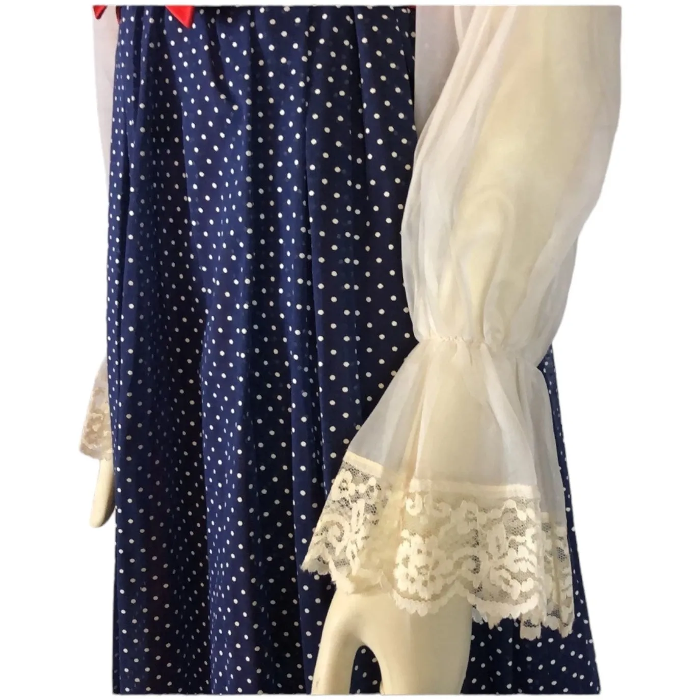 1970s Prairie Victorian Maxi Dress Sheer Sleeves Lace Bib & Red Bow small- med - Image 7