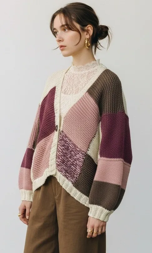 Handmade M/L Oversized Cardigan Pink Knit Cozy Boho Patchwork Artsy Grandma Y2K Purple Size L - Image 1