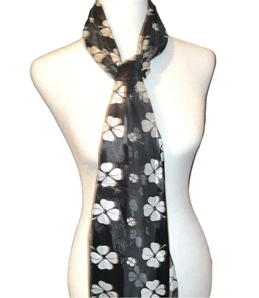 Beautiful black scarf with white 4 leaf clover print! Brand new! - Image 5