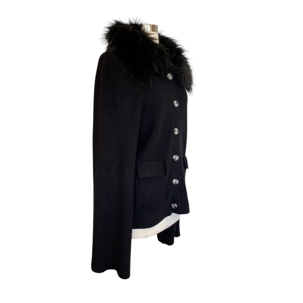 Saks Fifth Avenue Black Ribbed Faux Fur Trim Cardigan Size Medium - Image 6