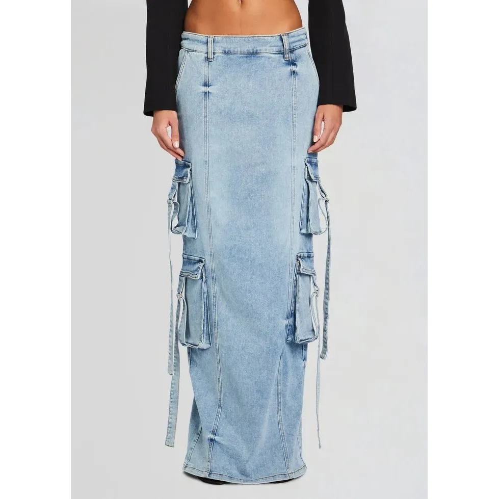 Retrofête Cerise Cargo Denim Maxi Skirt Vintage Celeste Size 24 NWT Blue - Image 4