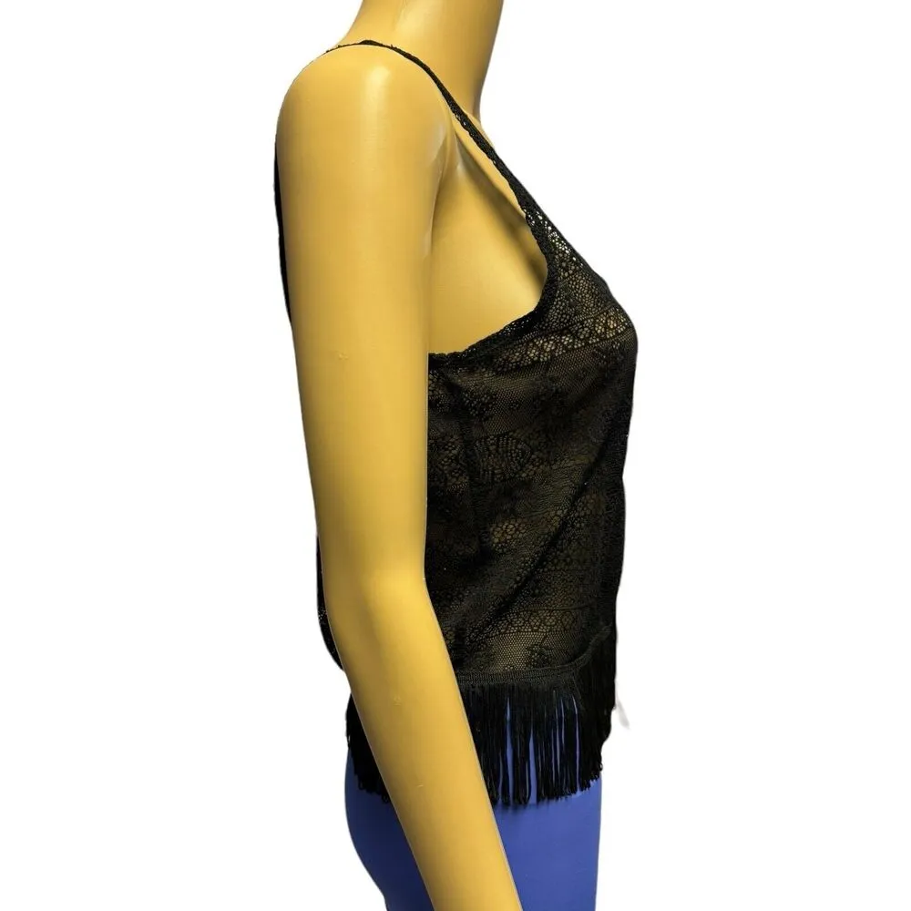 Kirra Black Semi Sheer Lacey Romantic Goth Lacey Fringe Tank Top Size XS - Image 2