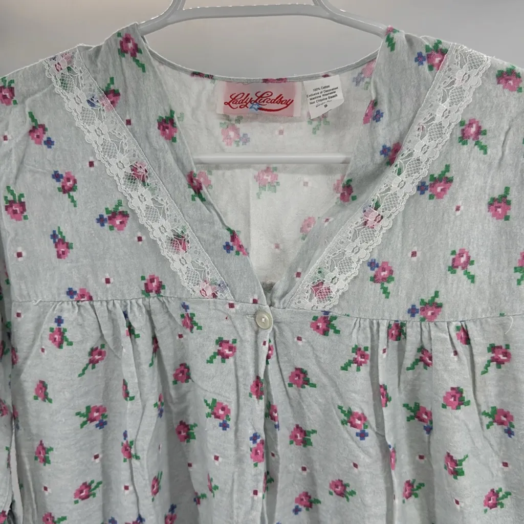 Lady Lindsay cotton lace trim light blue floral pajama nightgown S ruffle long - Image 7