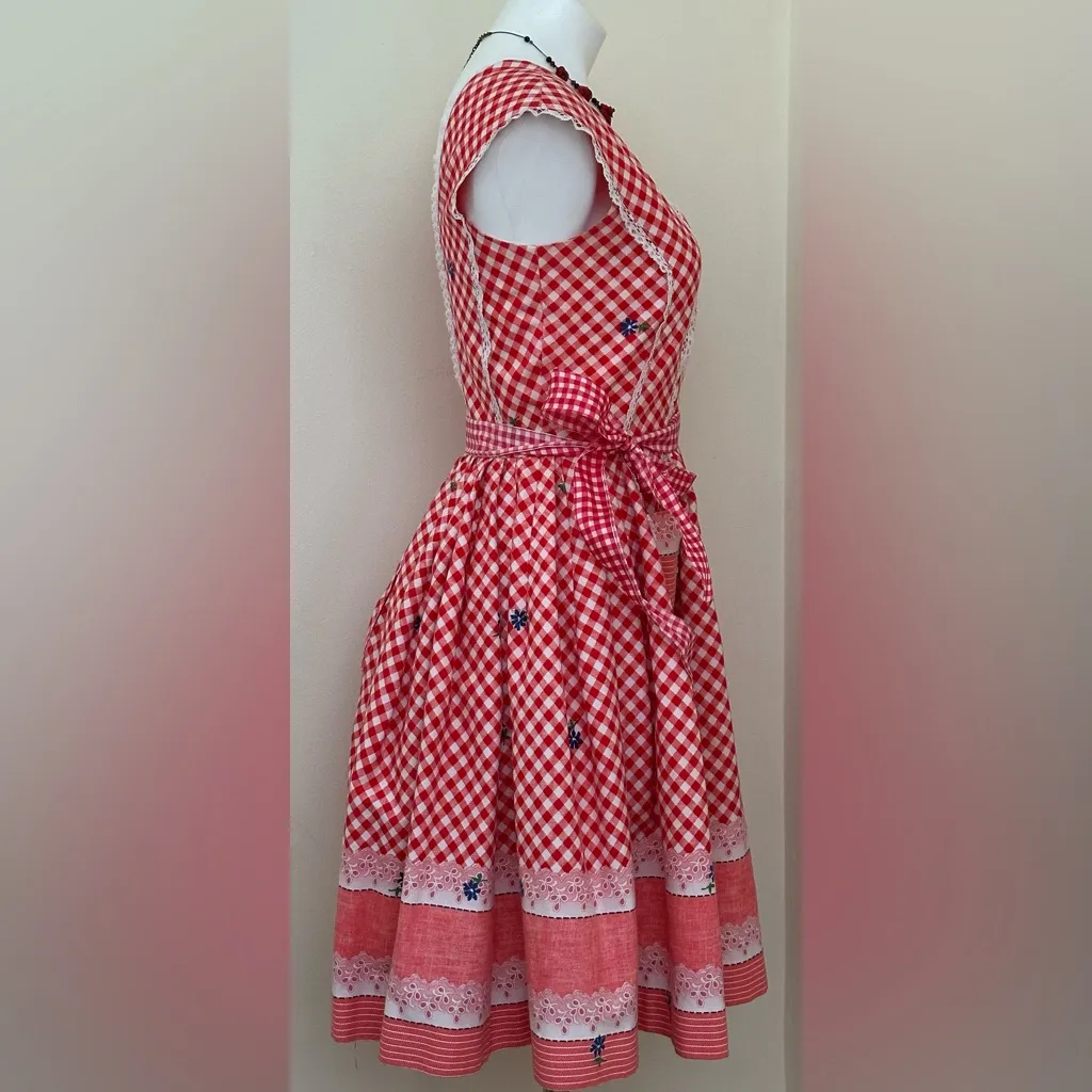 Red White Retro Gingham Checkered Lace Sleeveless Wing Hand Made Dress Sz S - Image 9