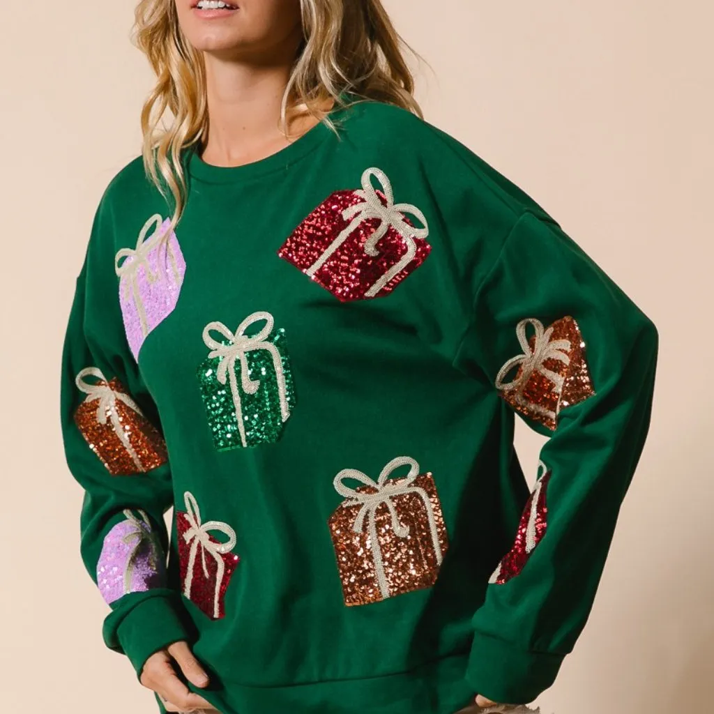 BiBi‎ Sequin Christmas Gift Box Embroideries Pullover Green - Image 11