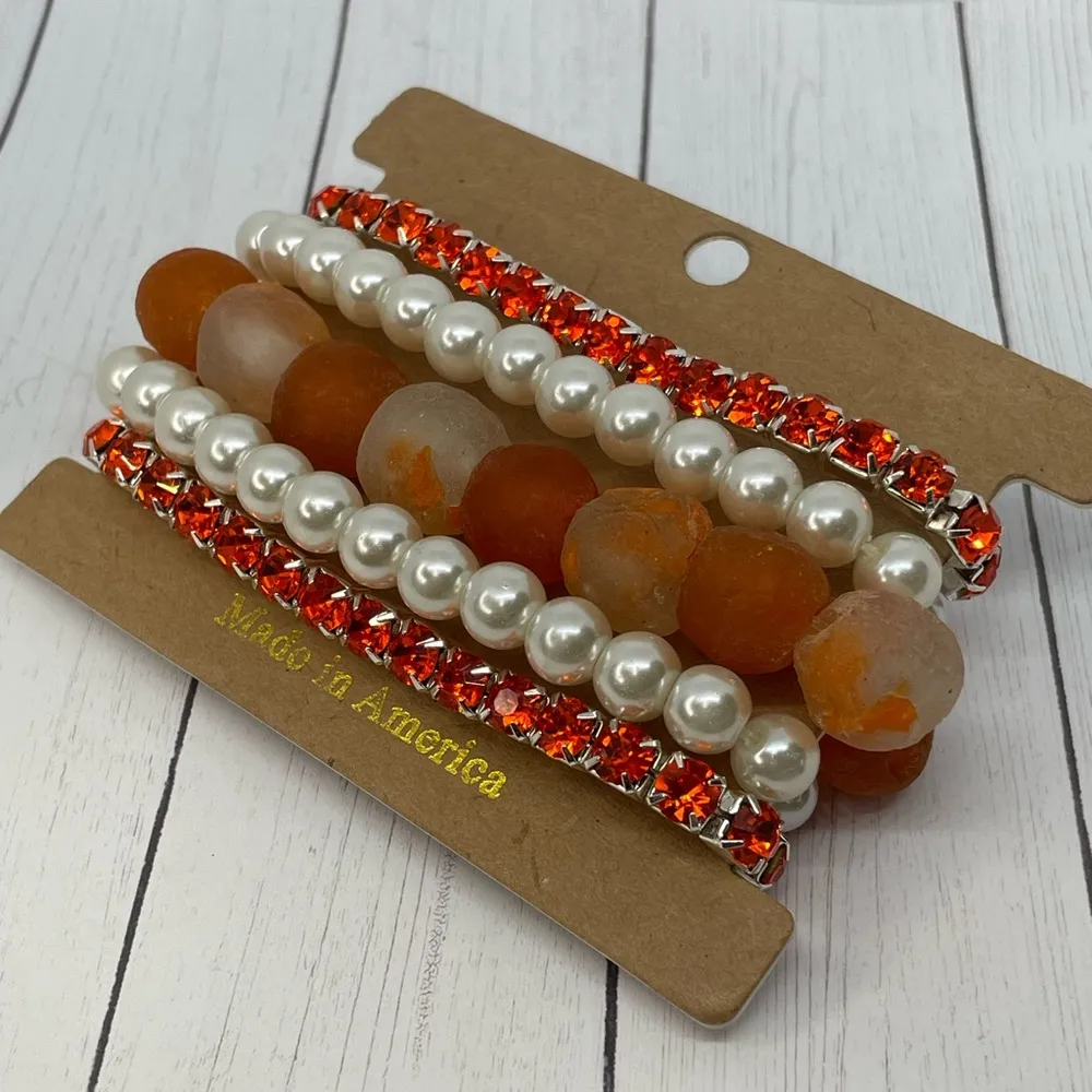 Stackable Bracelet Set: Orange Sea Glass, Pearls, and Crystal Bracelets - Image 3
