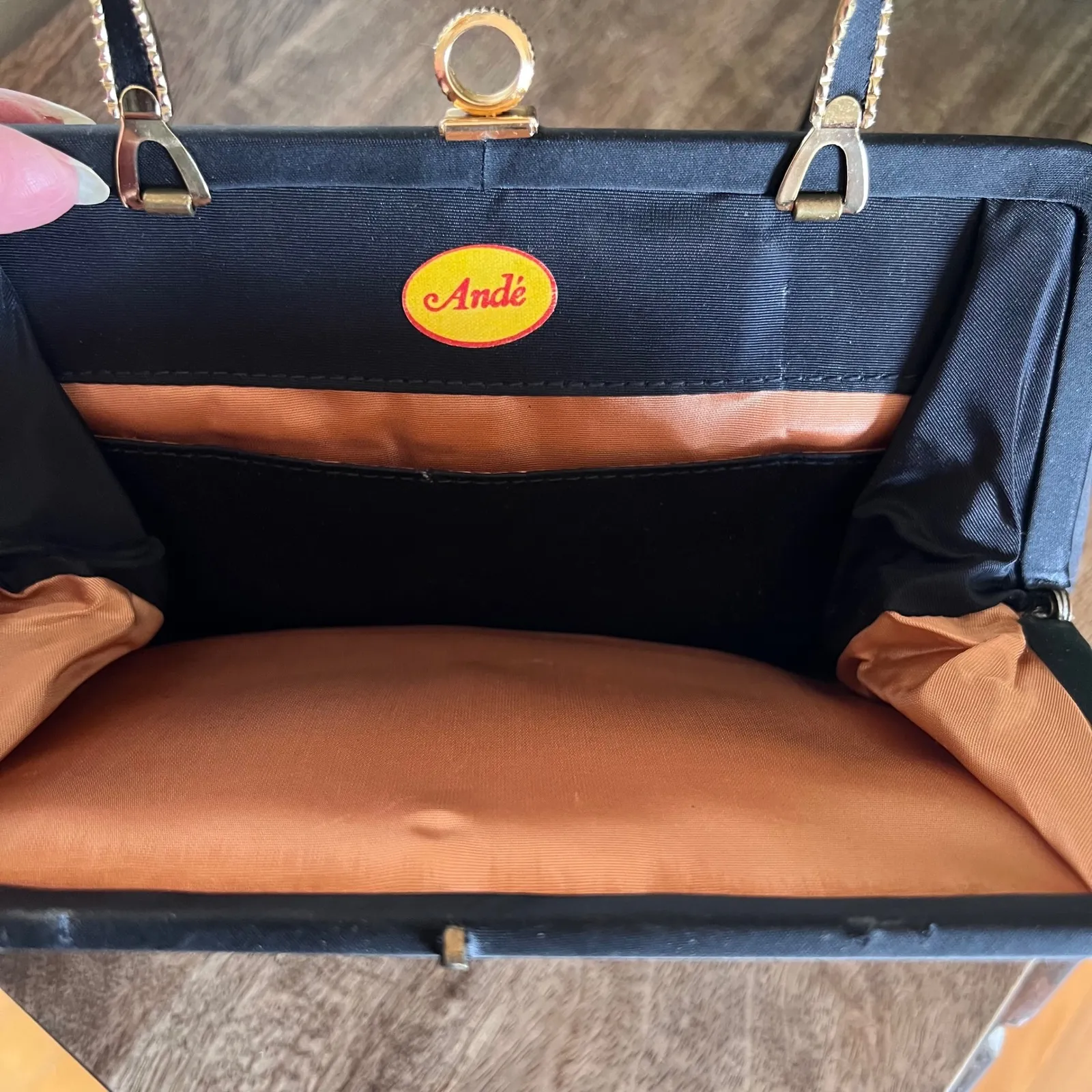 Vintage Ande Black Satin Evening Bag Gold Handle Clutch Party Purse Formal - Image 3