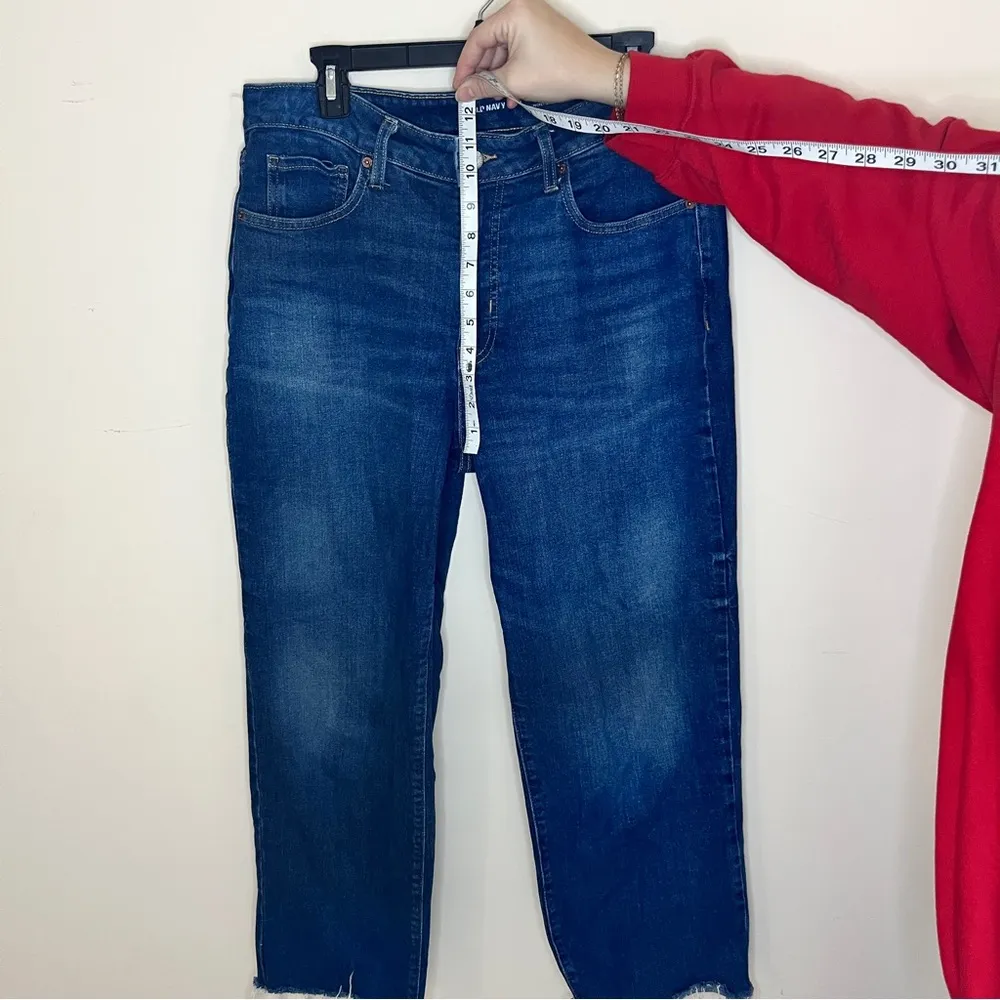 Old navy high rise OG loose Blue Denim Jeans women’s size 12 dark wash raw hem - Image 2