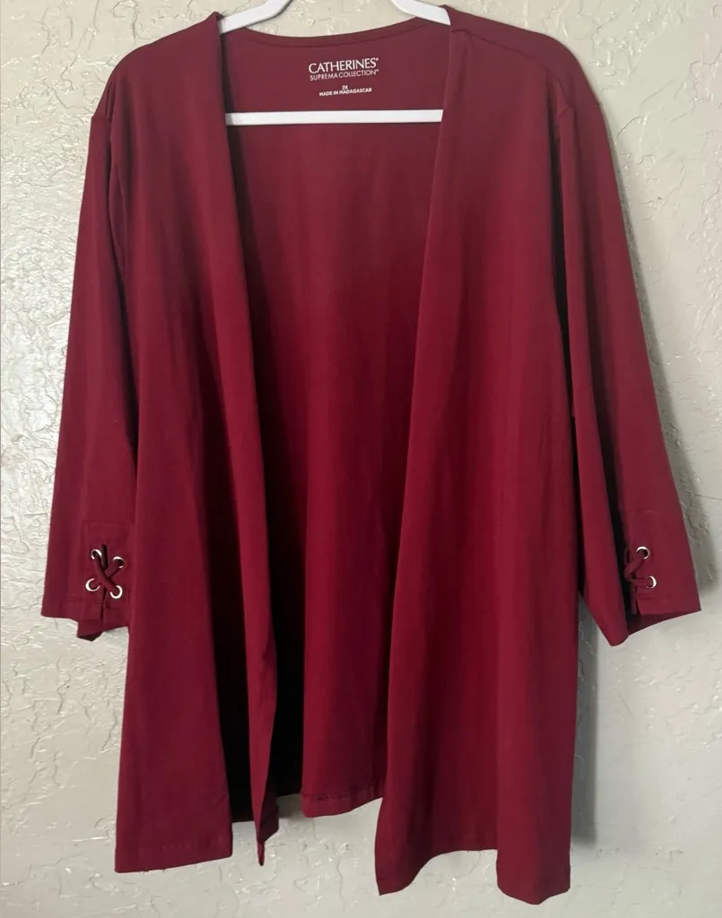 Catherines Suprema Collection Open Front Cardigan Sz 2X Stretch Burgundy - Image 1