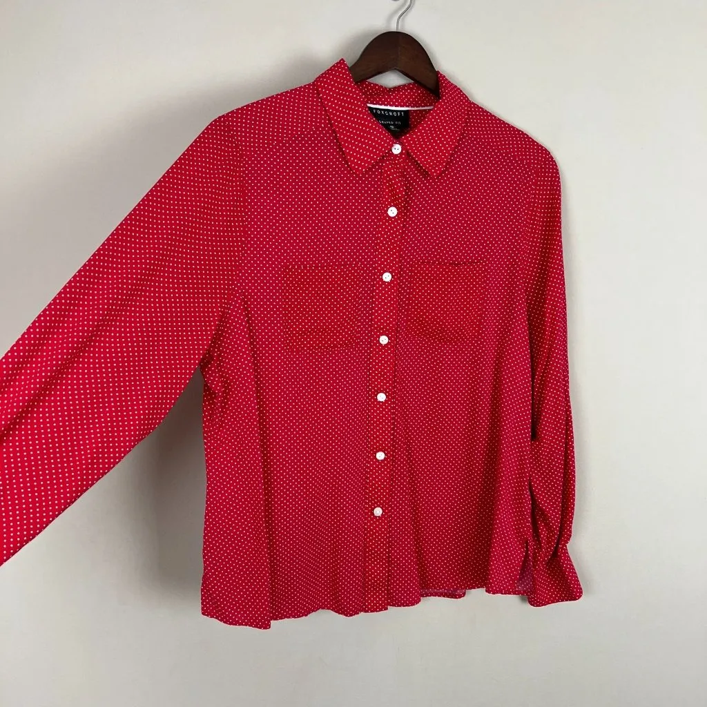 Foxcroft Shirt Womens 14W Red Shaped Fit Polka Dot Button Up Long Sleeve Spring - Image 5