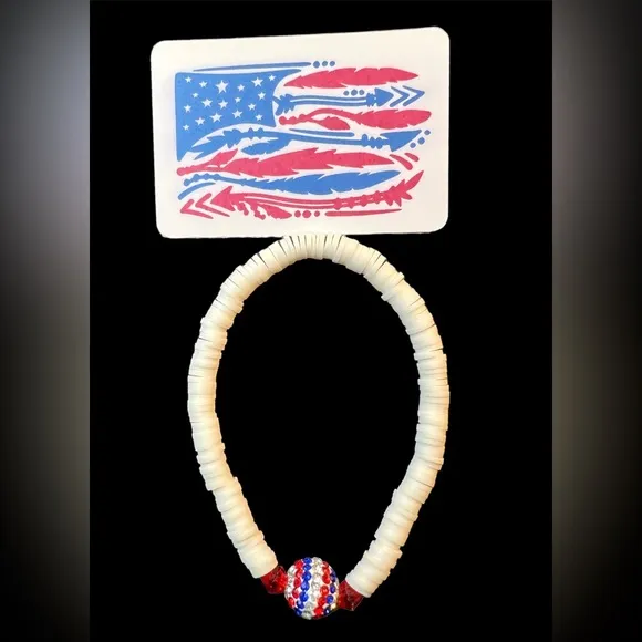 Patriotic Red White Blue Beaded Stretch Bracelet New - Image 2