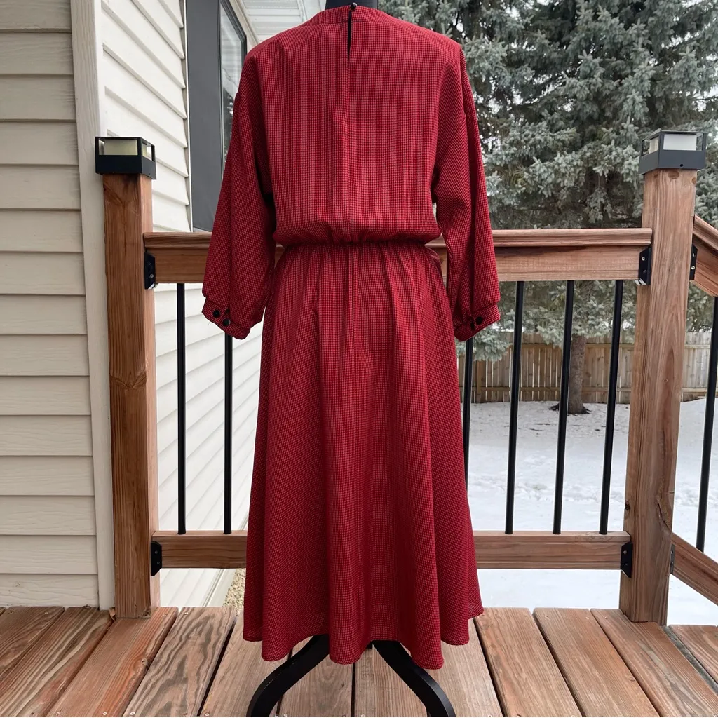 Vtg Lynn Davis Plaid Midi Tea Dress Secretary Office Red/Black 80s Modest Sz 14P Red - Image 2