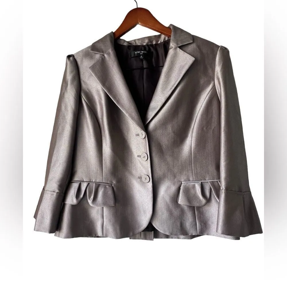 NINE WEST Women’s Suit Classic blazer & skirt brown  3/4 Puff Sleeves Size 12. - Image 9