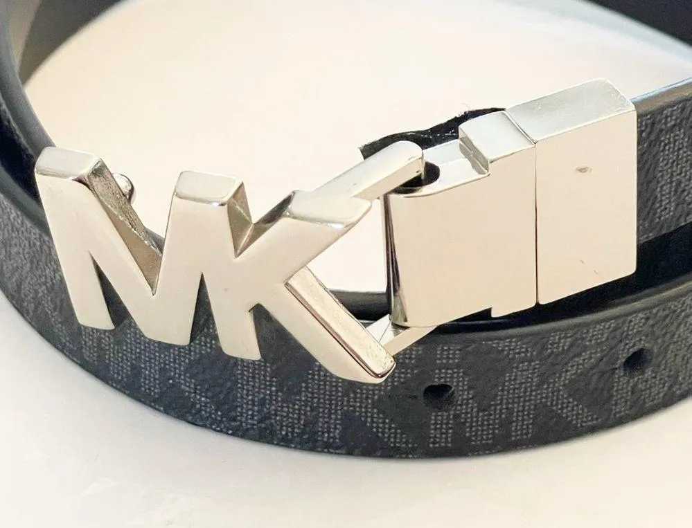 Michael Kors Size Medium Black Silver Buckle Printed Leather Skinny Belt - Image 2