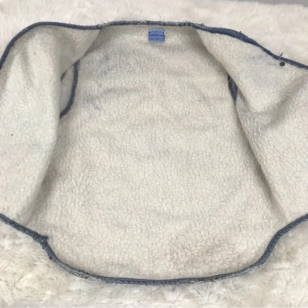 VINTAGE Sears Roebuck Denim Trucker Vest Sherpa Distressed Destroyed Retro Large Blue - Image 11