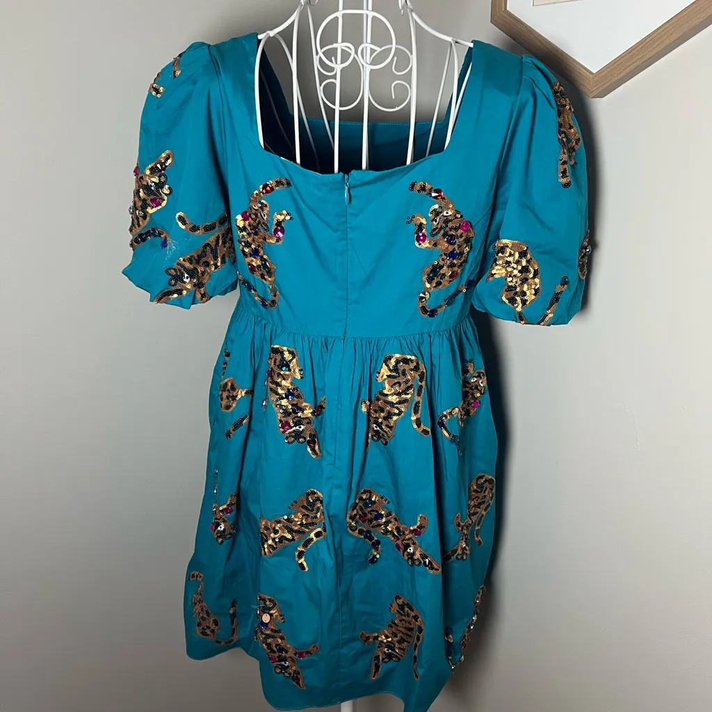 Queen Of Sparkles Turquoise Leapin' Leopards Sequined Jeweled Mini Dress Sz S Blue - Image 3