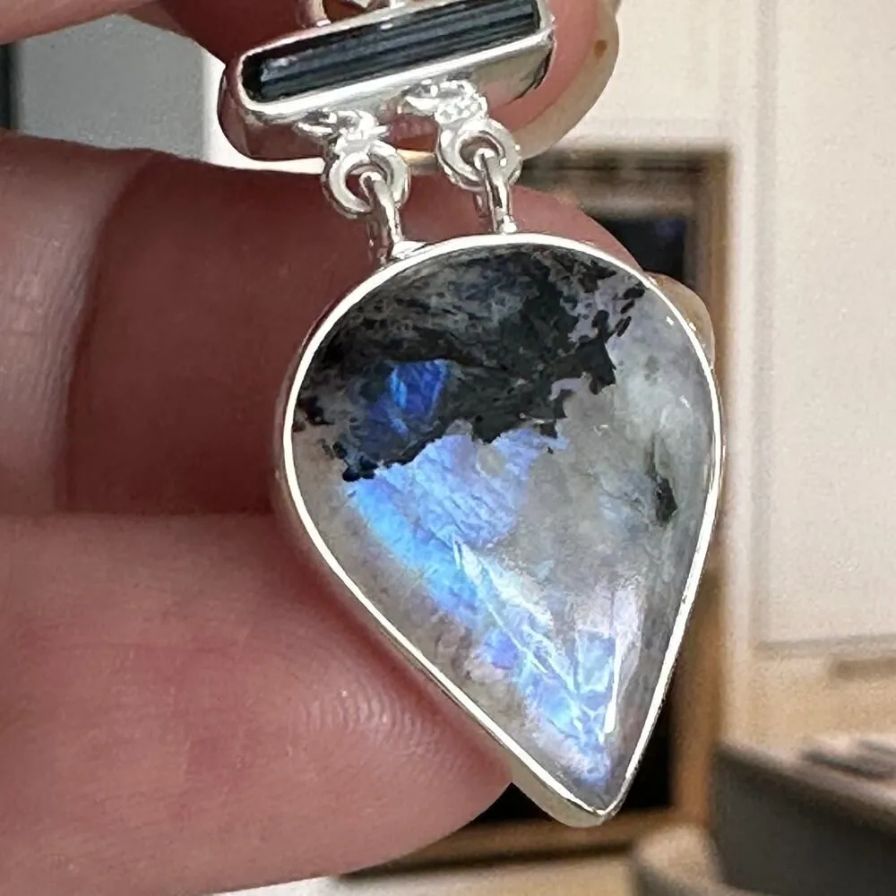 Natural Black Tourmaline In Rainbow Moonstone Sterling Silver Pendant Blue - Image 6