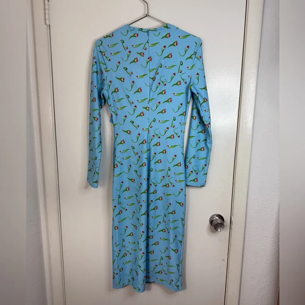 Jonathan Cohen blue floral, long sleeve, twist side, midi dress. L Size L - Image 6