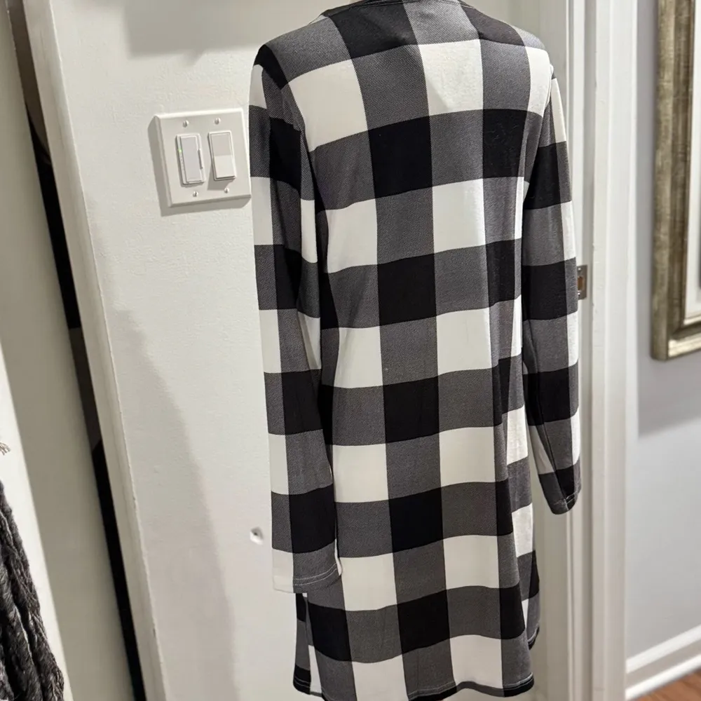 Open Front Long Draped Buffalo Plaid Cardigan Black - Image 4