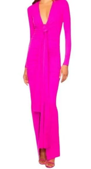 Susana Monaco Womens Small Plunge Neck Ruched Bodycon Maxi Dress Magenta NWT - Image 1