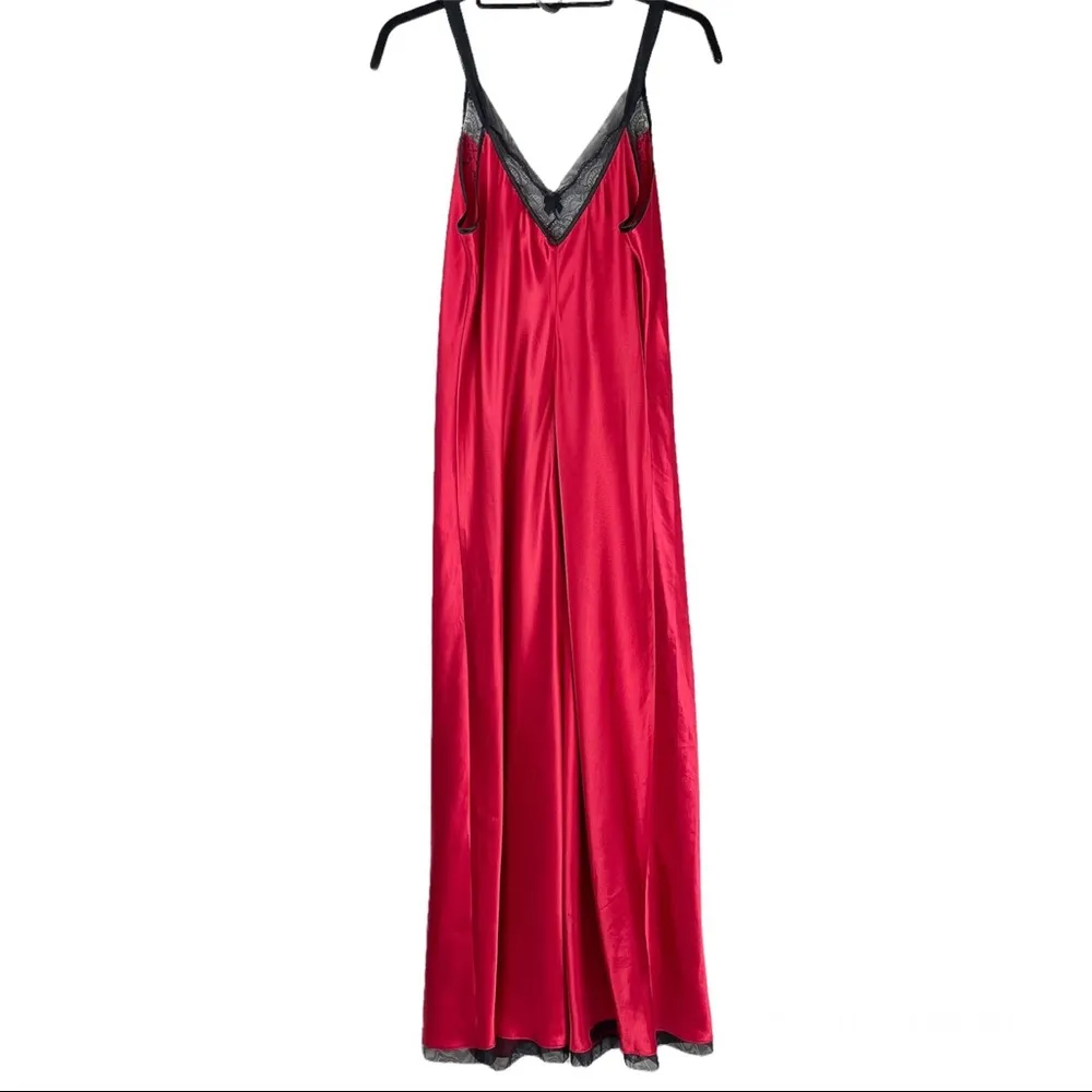 Oscar de la Renta Red Satin Maxi Slip Dress Sz Medium Lace Mesh Sexy - Image 2