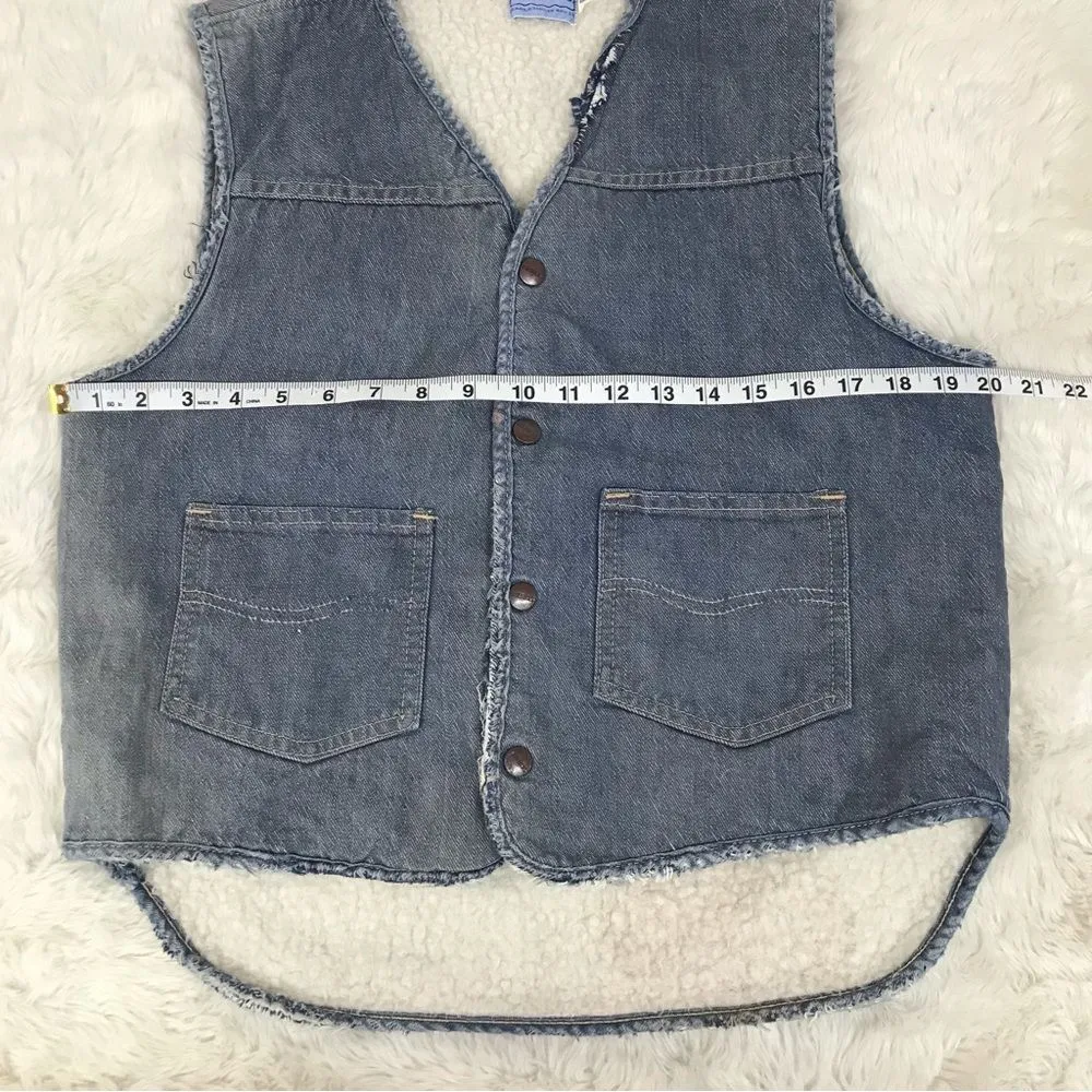 VINTAGE Sears Roebuck Denim Trucker Vest Sherpa Distressed Destroyed Retro Large Blue - Image 15