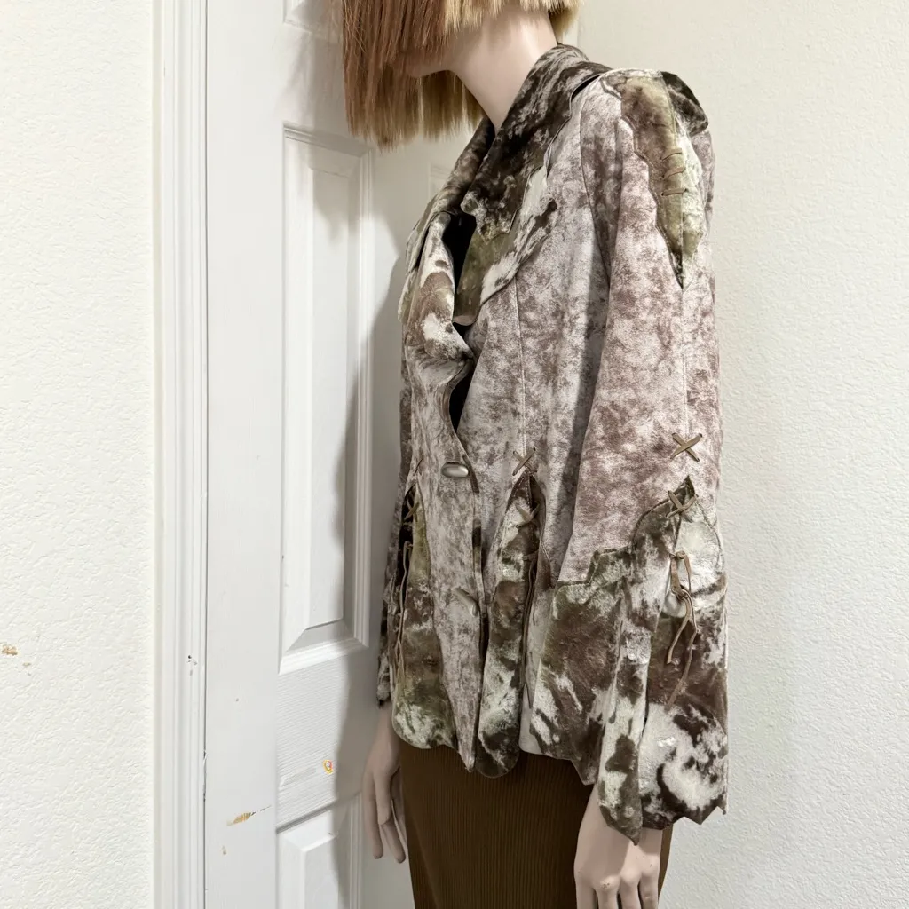 Vintage Unbranded Green & Taupe Cow Print Suede feel Fabric Boho Festival Jacket Size undefined - Image 3