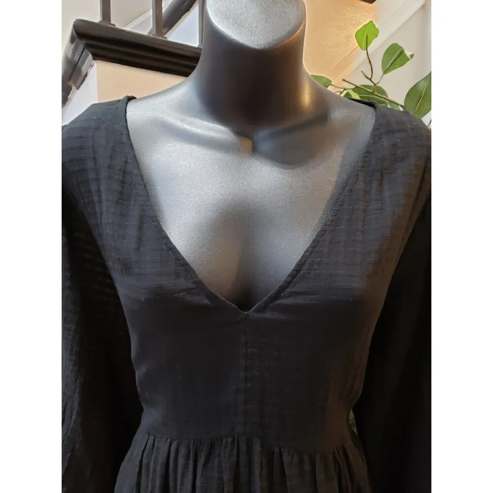 Gap Long Maxi Dress Womens Large Black Textured Tiered Hem Balloon Sleeve V Neck - Image 14