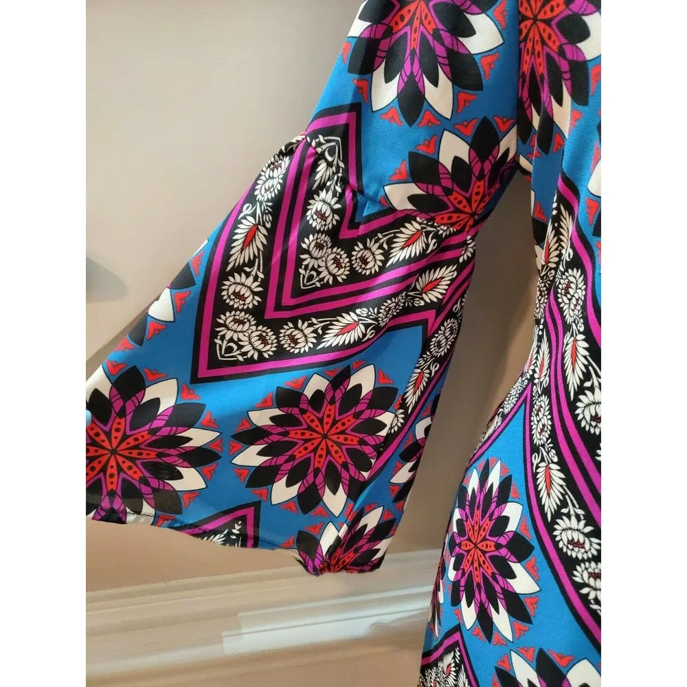 Peach Love Women Multicolor Polyester Round Neck Long Sleeve Knee Length Dress M - Image 6