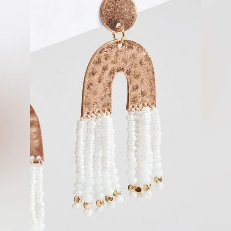 Torrid Gold White Beaded Arch Hammered Metal Statement Fringe Stud Earrings - Image 9