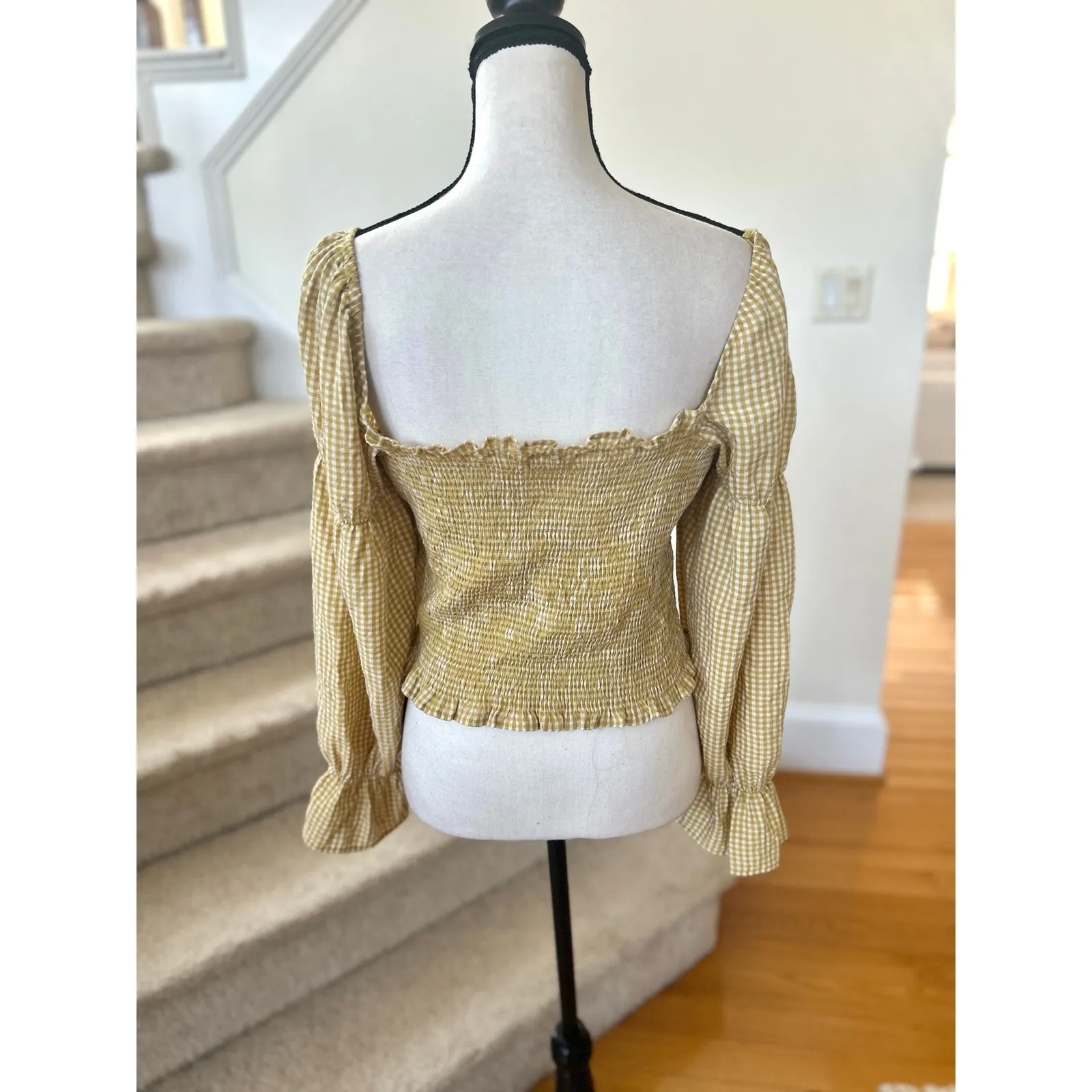 Urban Outfitters Mustard Yellow Gingham Shirred Puff Sleeve Milkmaid Top - Image 3