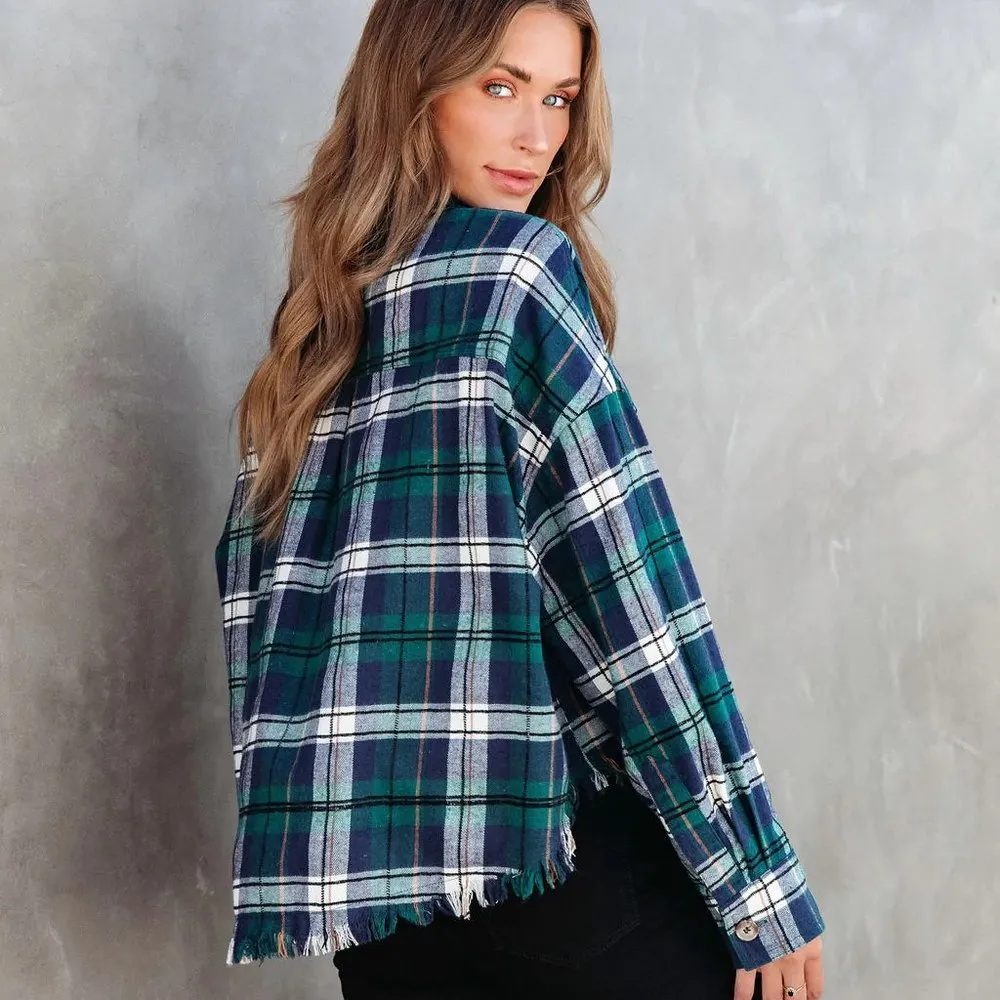 NEW -SPORADICALLY COOL PLAID FRAYED BUTTON DOWN TOP - Image 4