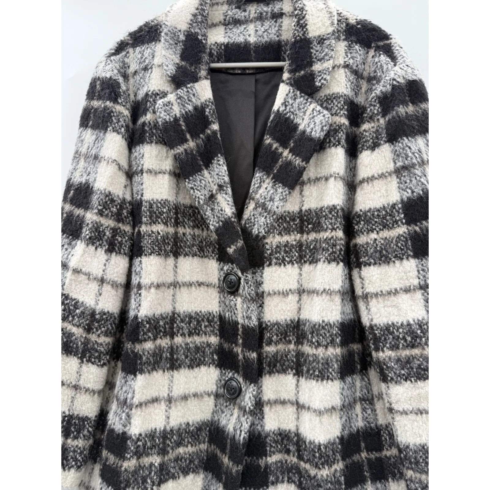 Kate Spade Wool Blend Plaid Coat Medium Black White Long Button Front Chic - Image 2