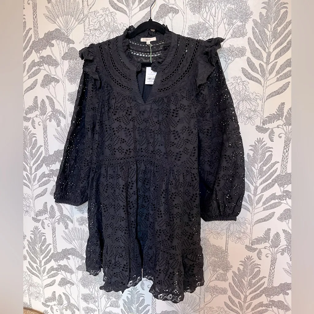 AE 77 American Eagle Black Organic Cotton Black Eyelet Mini Dress Boho XS NWT - Image 2