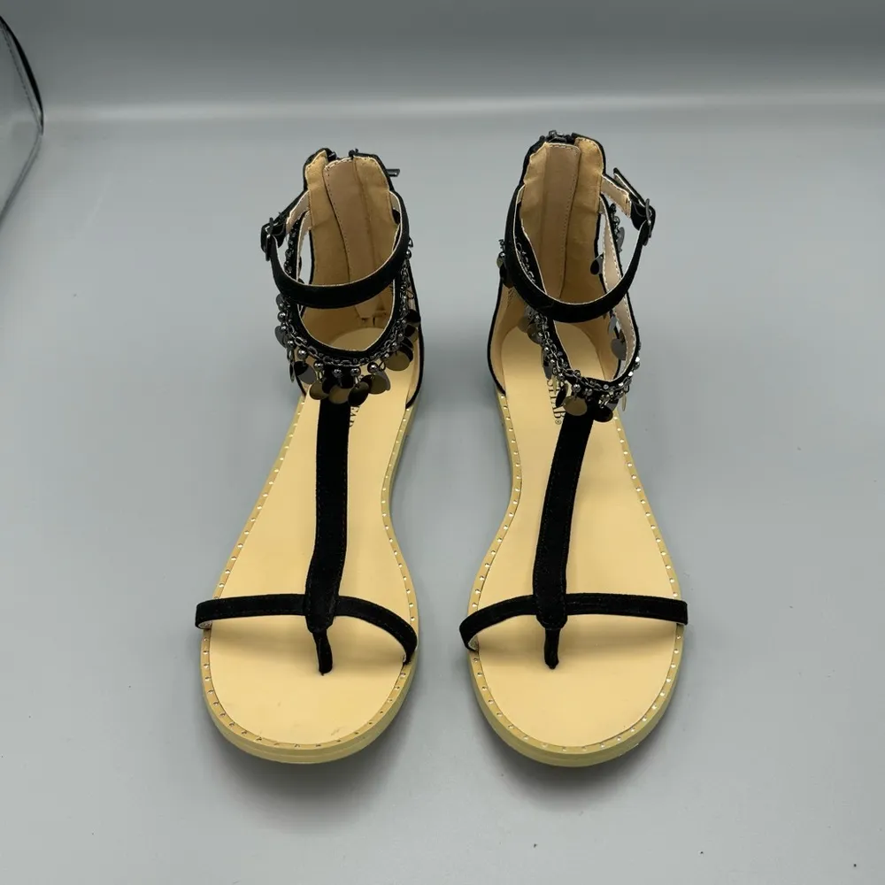 Just Fab Black Savlana Embellished T-Strap Sandals Women's Sz 10 Zipper Back - Image 2