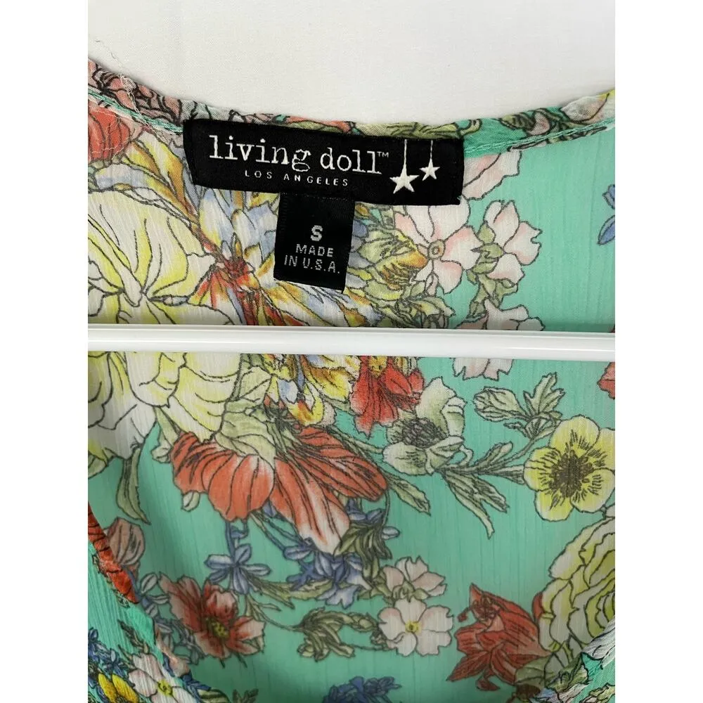 Women's vibrant floral sheer tank, pocket, empire waist, size small, Living Doll - Image 4