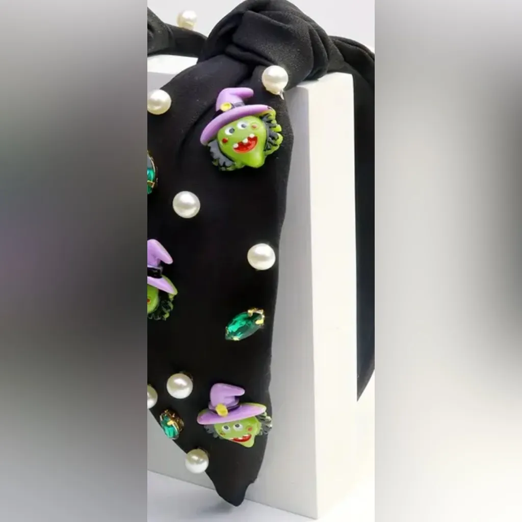 Halloween Wide Headband with Faux Pearls & Rhinestones Black - Image 2