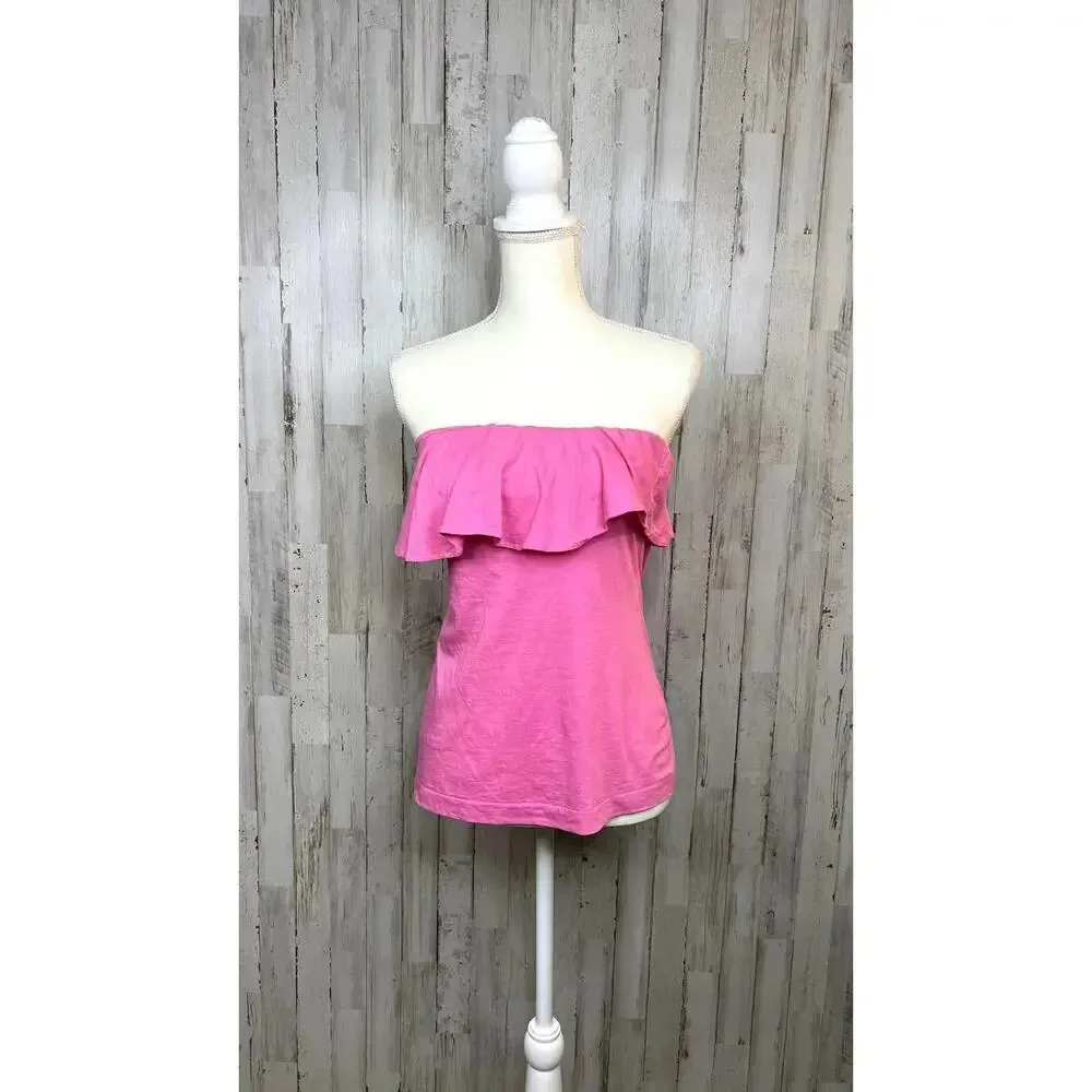 Lilly Pulitzer‎ Women's XS Pink Silk Ruffle Tube Blouse Strapless Summer Top - Image 2