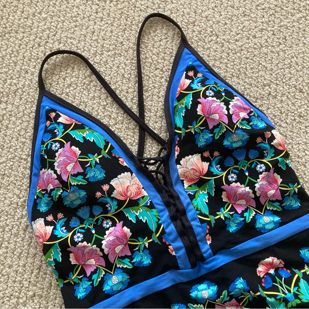 Nanette Lepore Floral One Piece Swimsuit Black Blue Size Small Cheeky LIKE NEW - Image 2