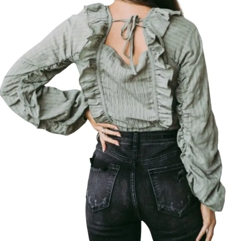 Hyfve Puff Sleeve Long Sleeve Blouse Square Neck Top Size Small Green NWOT - Image 2