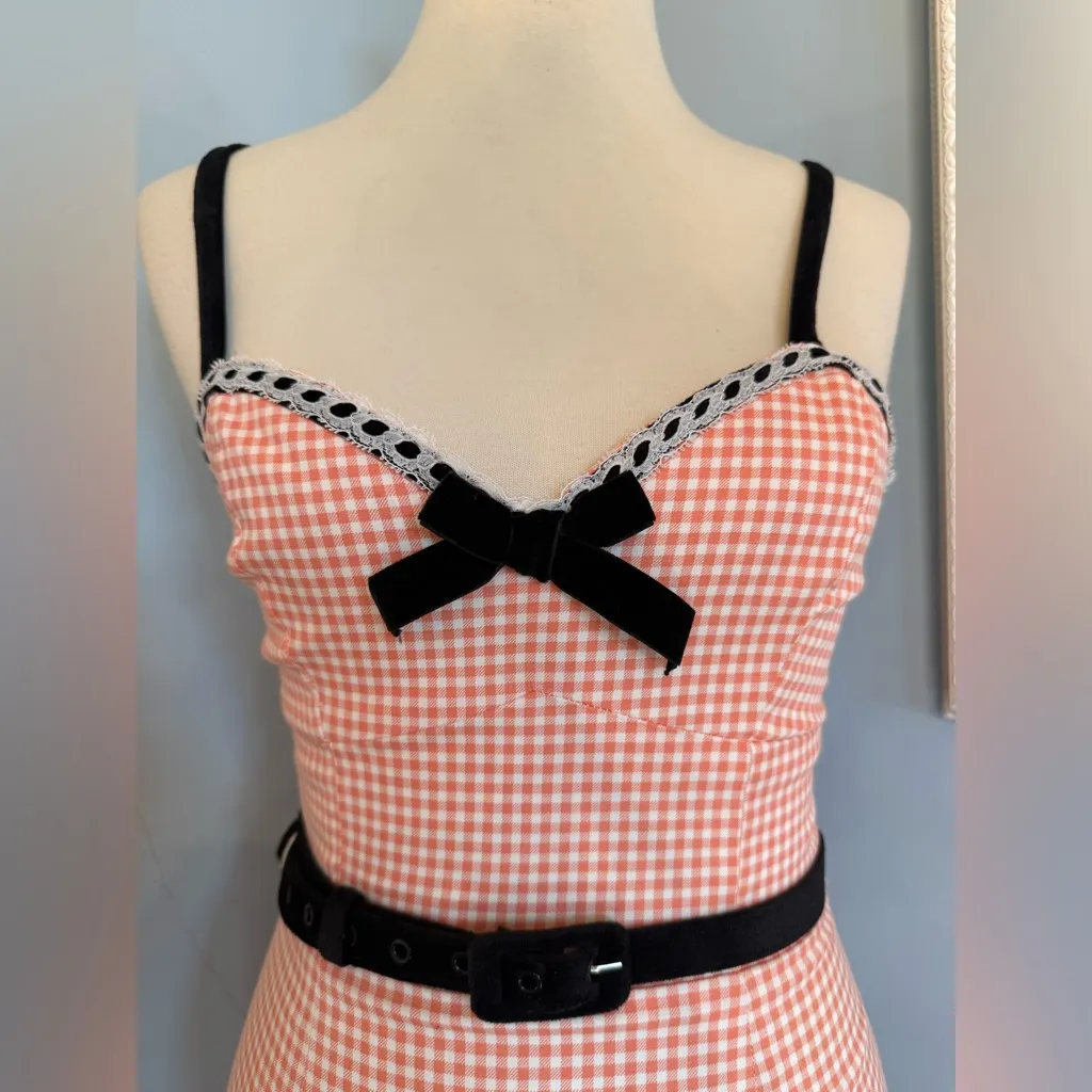 Micheline Pitt Vixen for Unique Vintage Lilli Peach Gingham Wiggle Midi Dress M Pink Size M - Image 2
