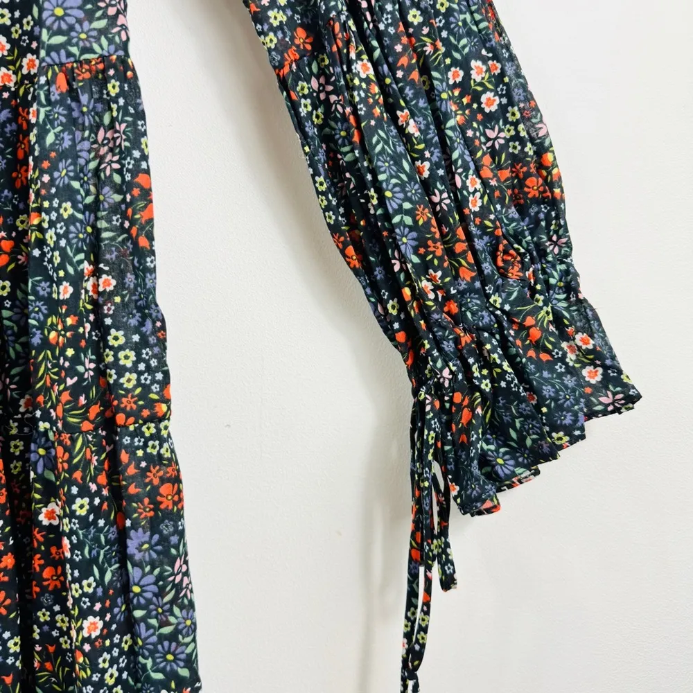 Warm NY boho 100% cotton Floral Tiered Ruffle Midi long sleeve Dress NWT Black Size 0 - Image 12