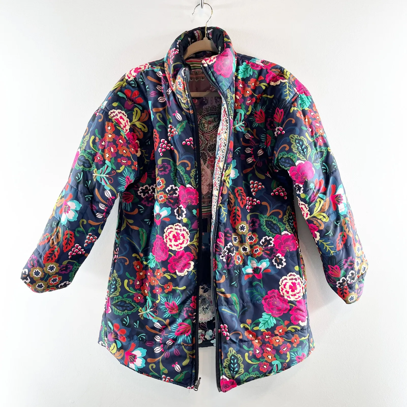 Johnny Was Reversible Puffer Coat Jacket Black Pink Printed XS - Image 4