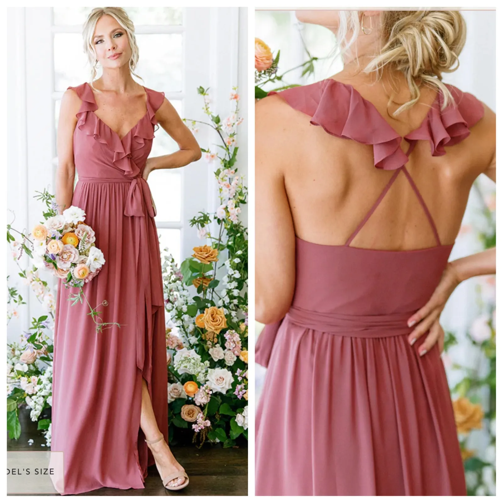 Revelry Valerie Chiffon Bridesmaid Dress Eucalyptus Ruffle Green Size 2 - Image 2