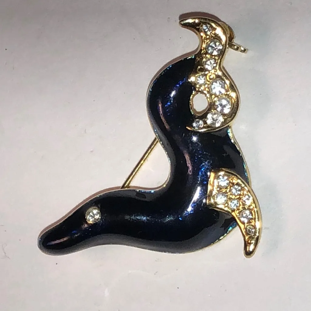 Vintage Blue Enamel CZ Rhinestones Seal Brooch Shoulder Pin - Image 2