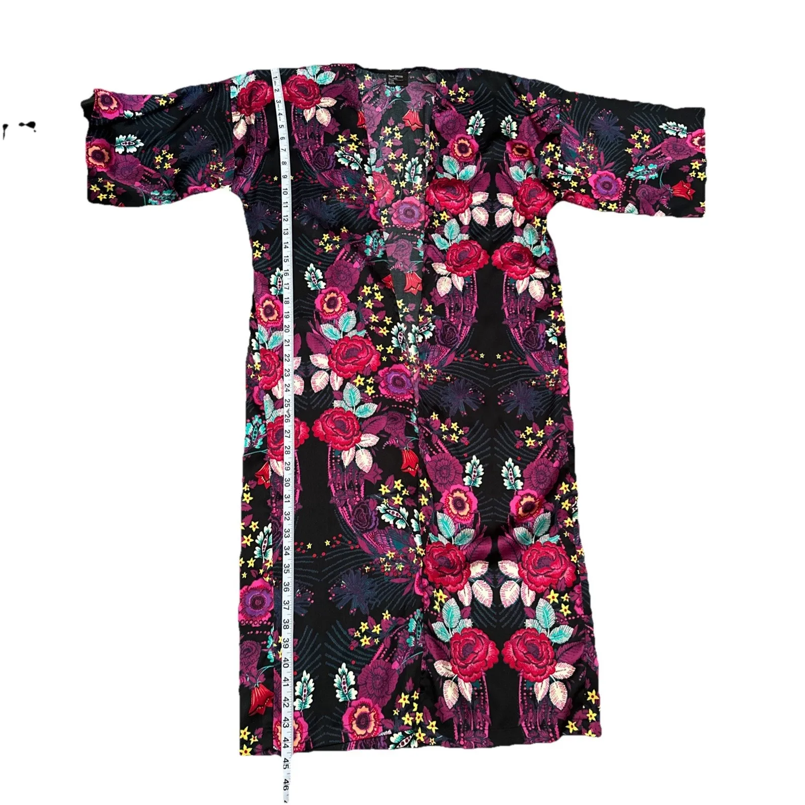 Free Press Accessories Navy Jewel Tone Satin Floral Open Robe Duster Cover Up M - Image 7